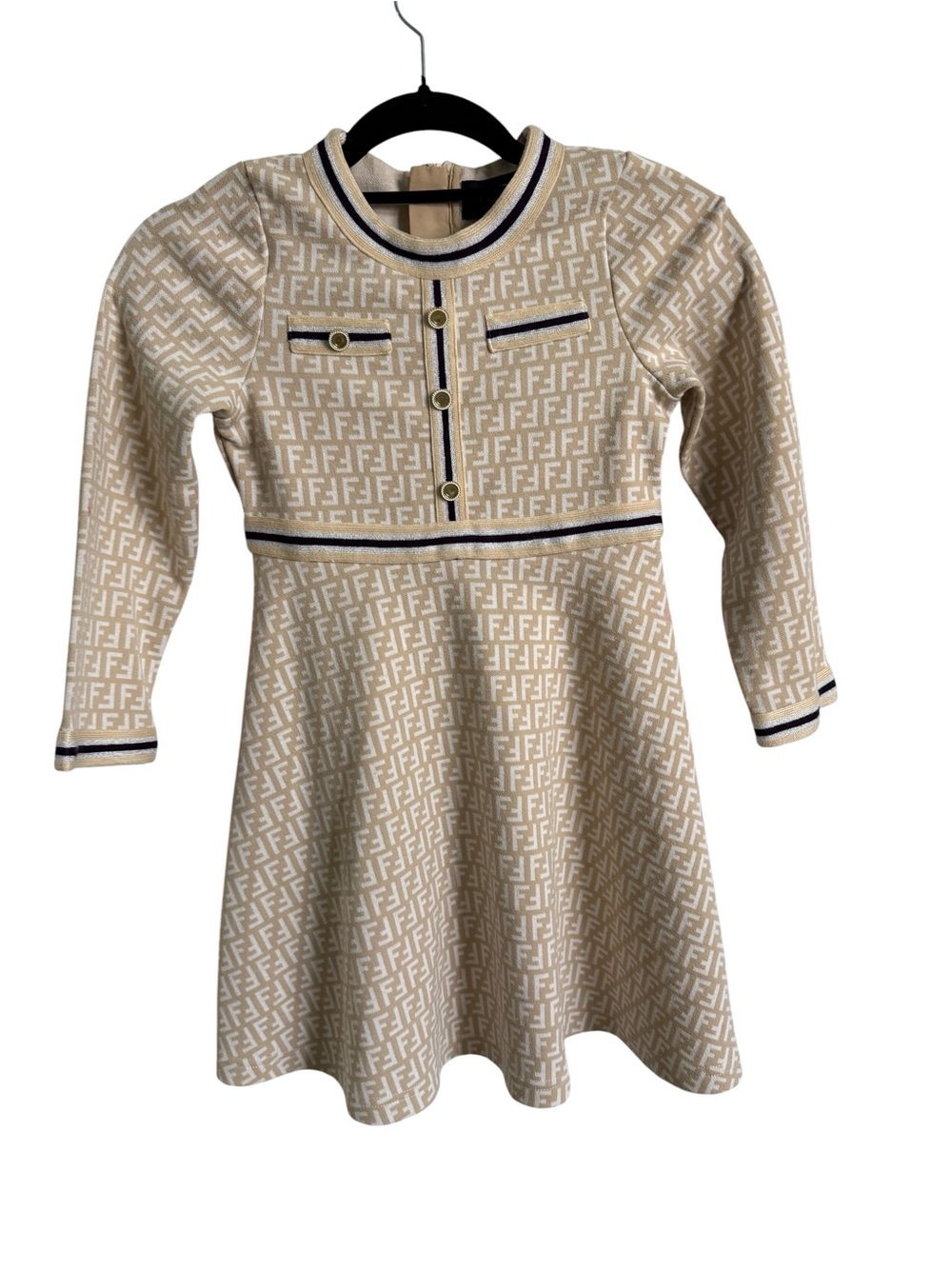Fendi Beige and Navy Knit FF Logo Dress for Kids